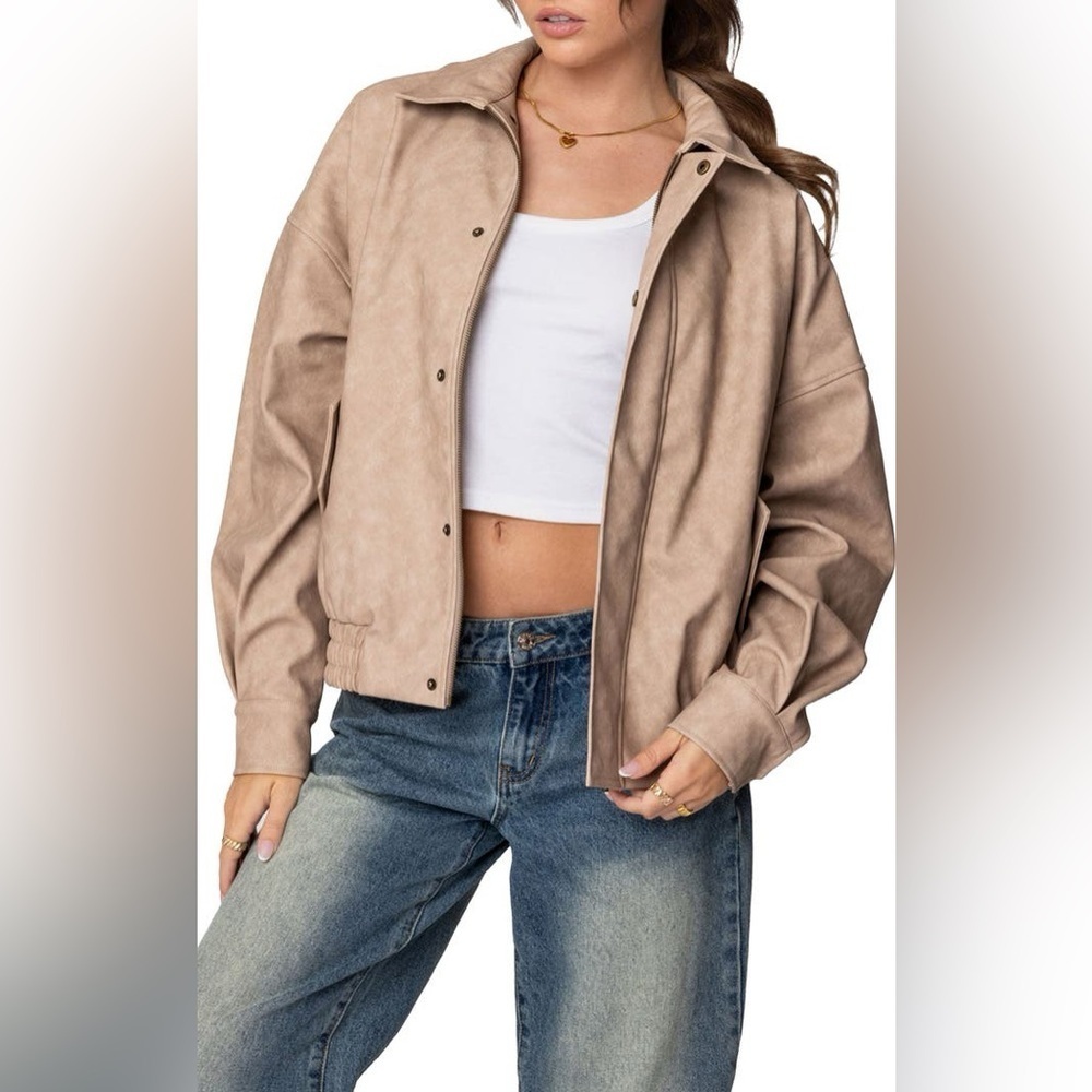 Edikted Mori Oversize Faux Leather Jacket Beige XS NWT